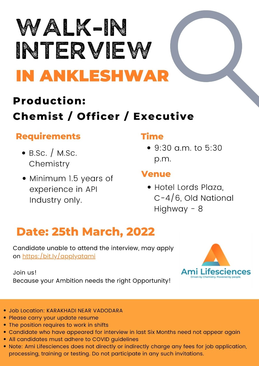 Walk In Interview Ankleshwar Ami Lifesciences Pvt Ltd For