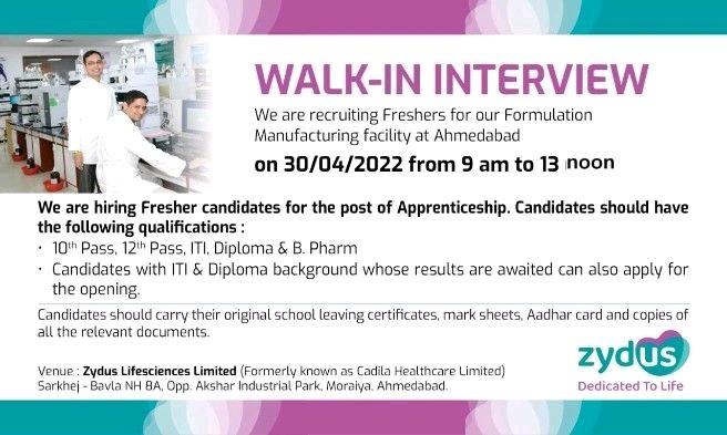 Zydus Lifesciences Limited Walk In Interview For Freshers Th Pass