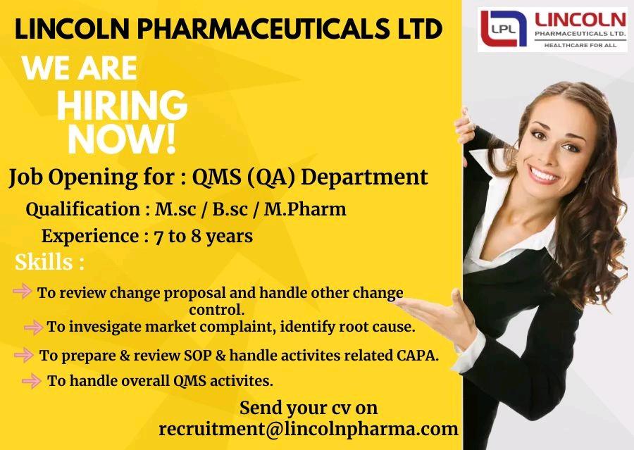 Lincoln Pharma Hiring For Qms Qa Department Apply Now Pharma Jobs