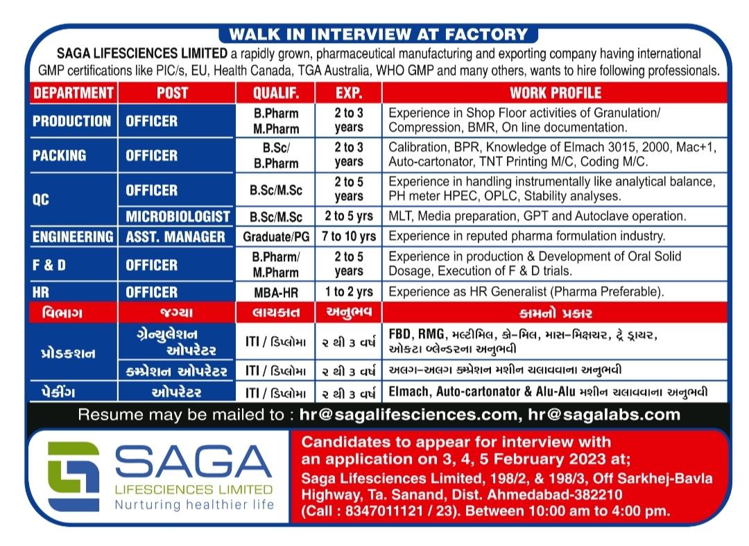 Saga Lifesciences Walk In Interview For Production Packing