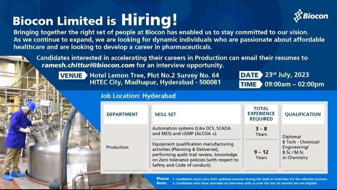 Biocon Limited Walk In Interview On 23rd July 2023 PHARMA JOBS POST