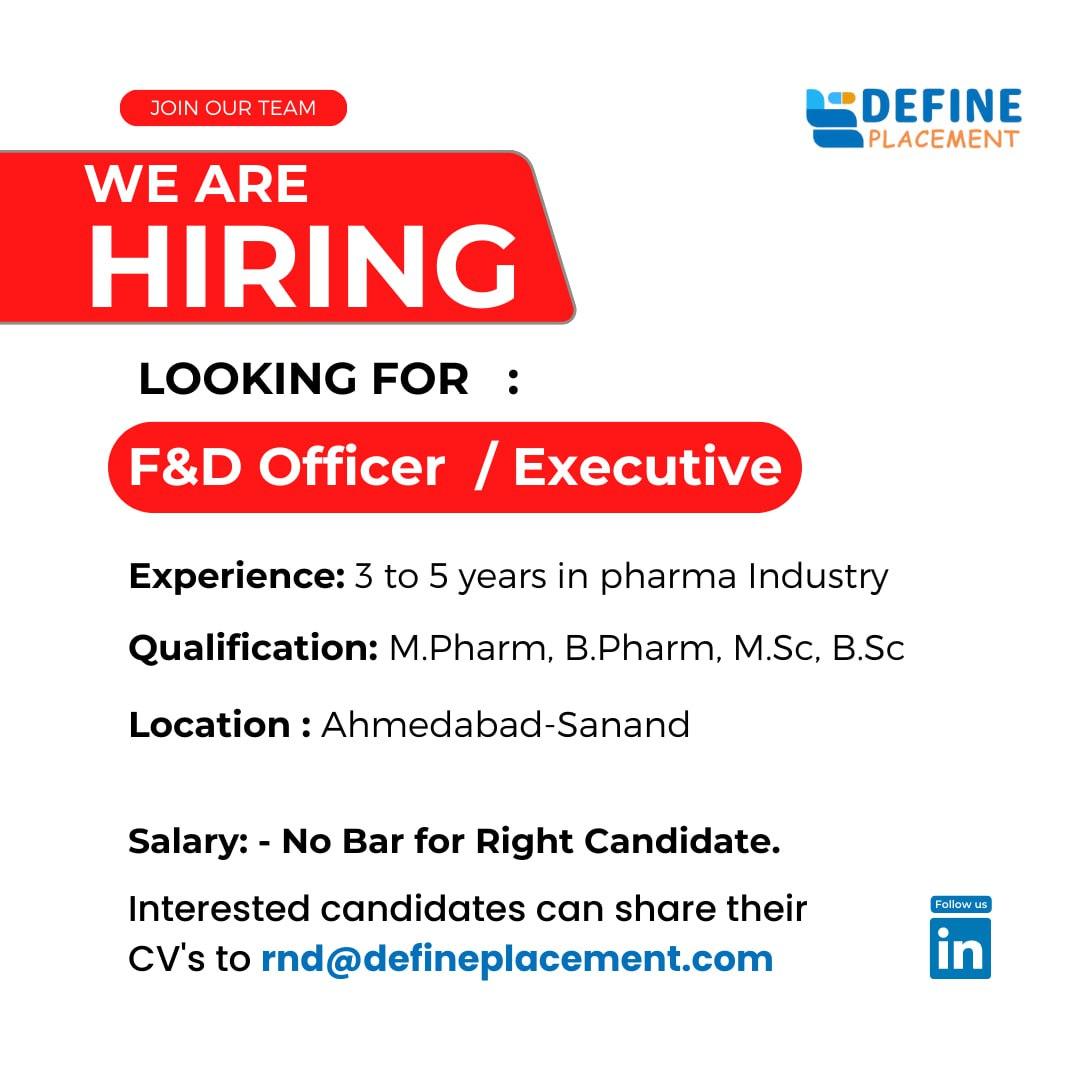 Urgent Job Vacancy For F D Officer And Executive At Ahmedabad Sanand