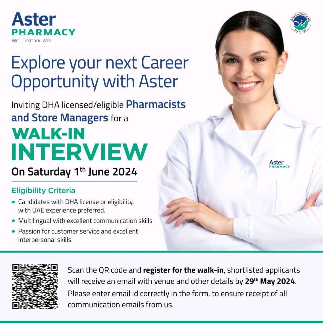 Aster Pharmacy Invites DHA Licensed Or Eligible Pharmacists And Store