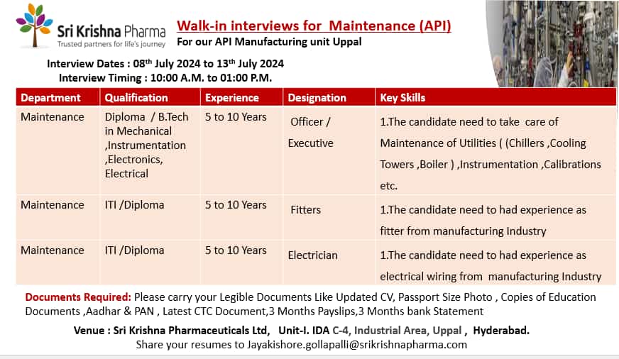 Sri Krishna Pharmaceuticals Walk In Interviews For Maintenance Api On