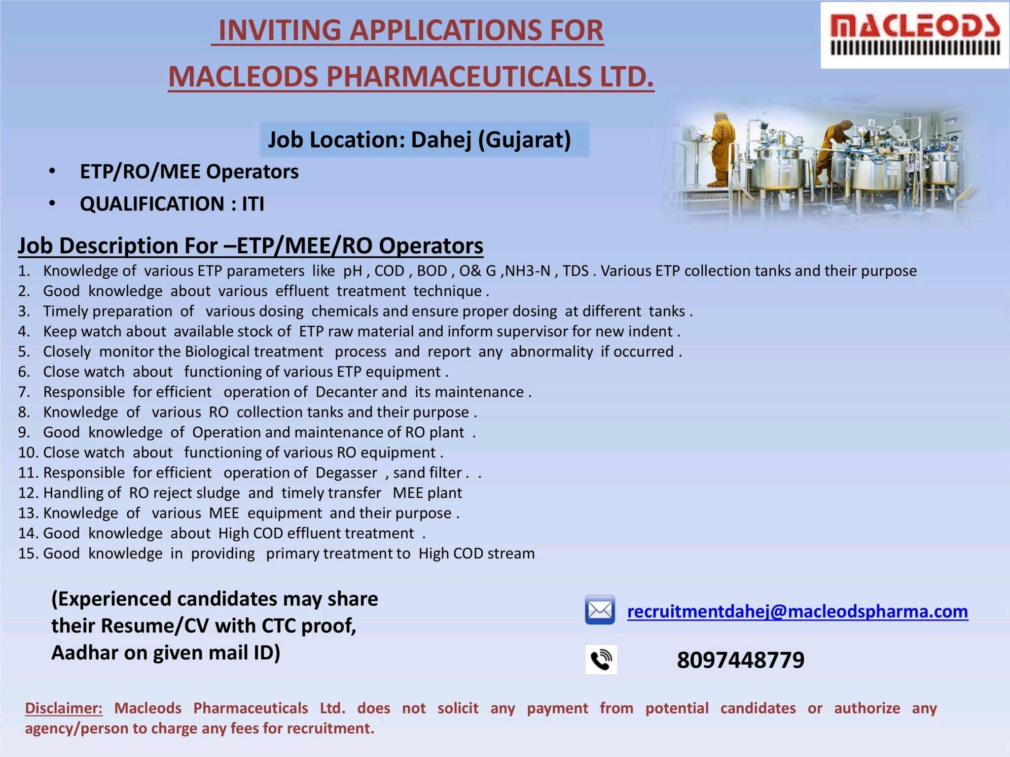 Macleods Pharmaceuticals Ltd, Inviting Application For ETP/RO/MEE ...