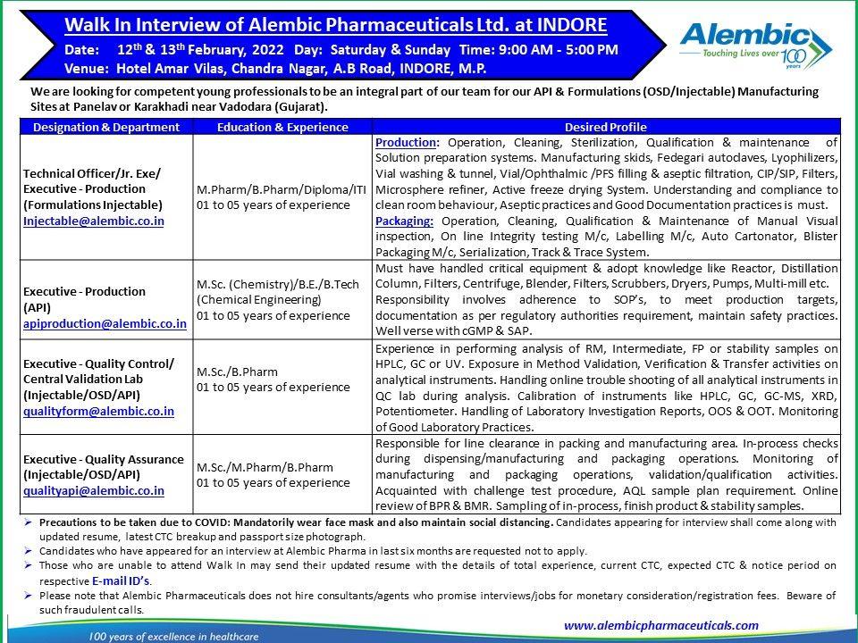 Alembic Pharmaceutical Limited: Walk-In-Interview For B.Pharm/M.Pharm/M ...