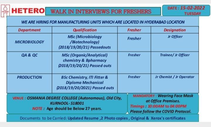 Hetero Labs Limited, Walk-In Interviews for Freshers in Microbiology ...