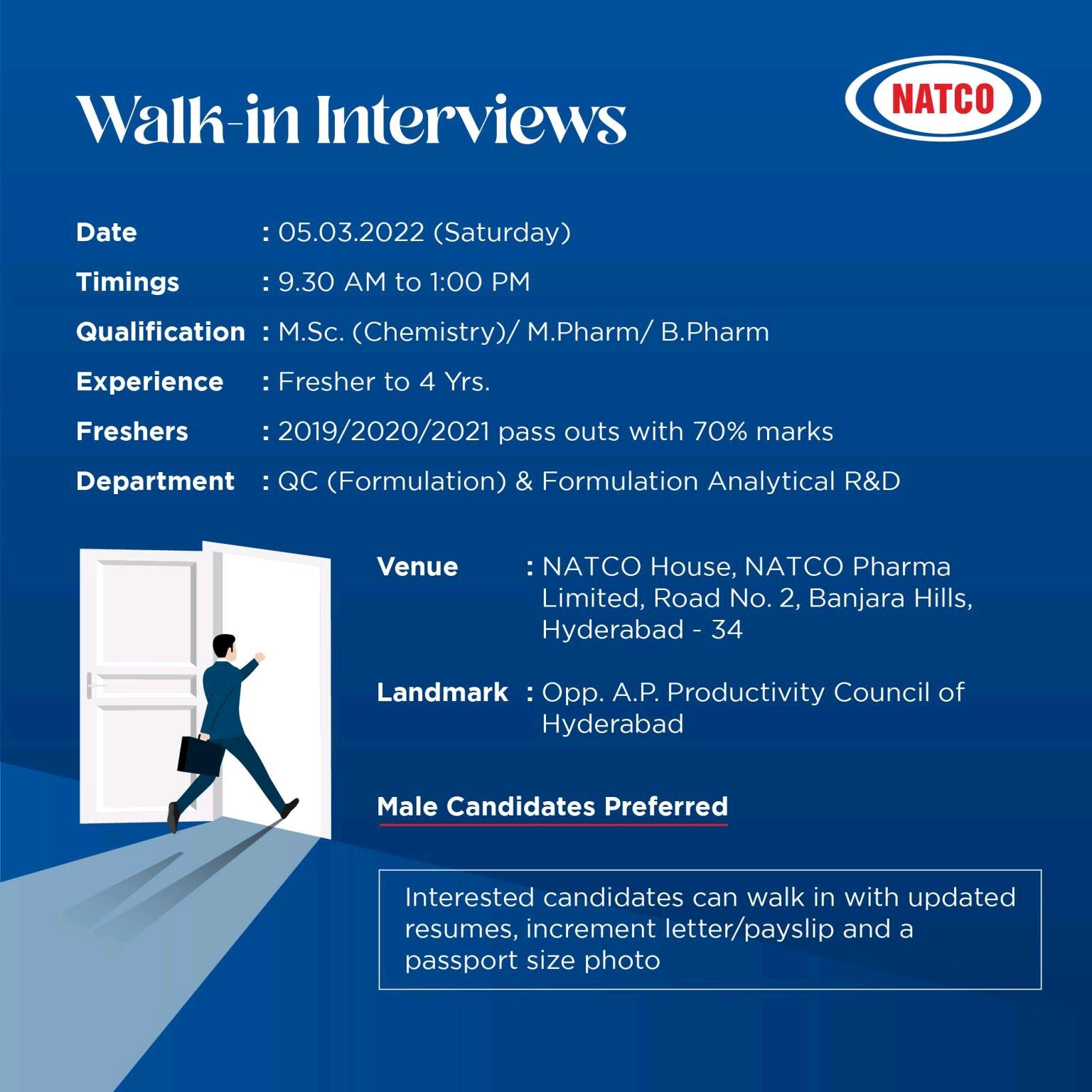 NATCO Pharma Walk-In Interviews For Freshers & Experienced in QC / FAR ...
