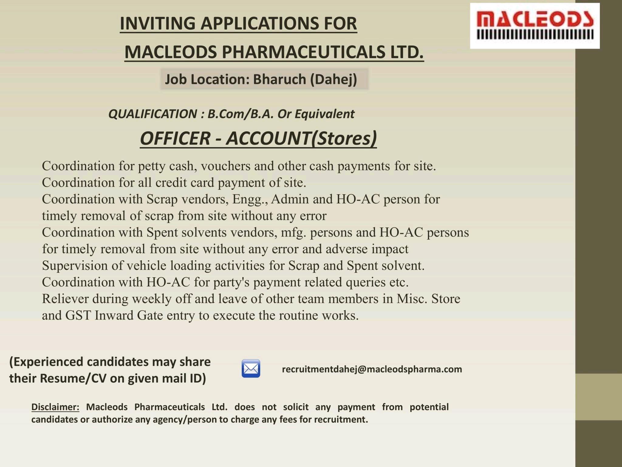 Macleods Pharmaceuticals Ltd. Inviting Applications For OFFICER-ACCOUNT ...