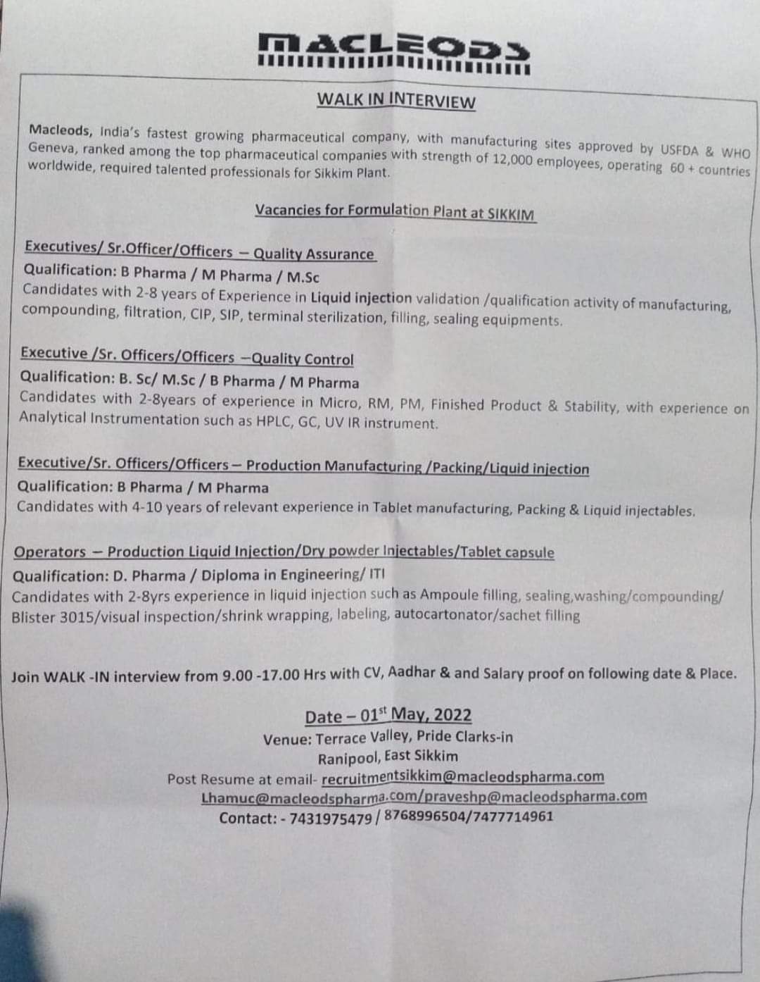 MACLEODS PHARMA Walk In Interview For QA, QC & Production On 01st May ...