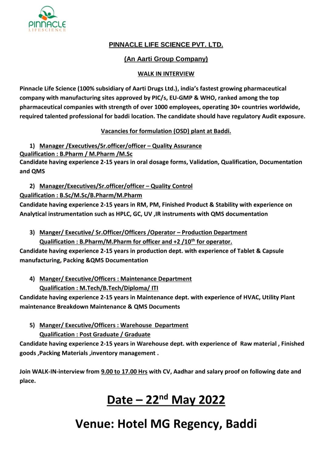 PINNACLE LIFE SCIENCE Walk In Interview for QA, QC, Production ...