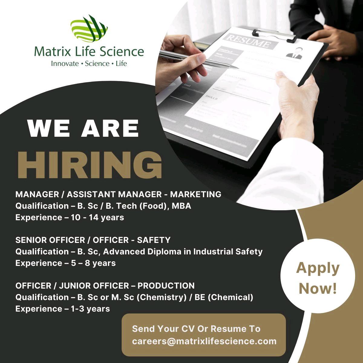 MATRIX LIFE SCIENCE is looking for Officer to Manager- PRODUCTION ...