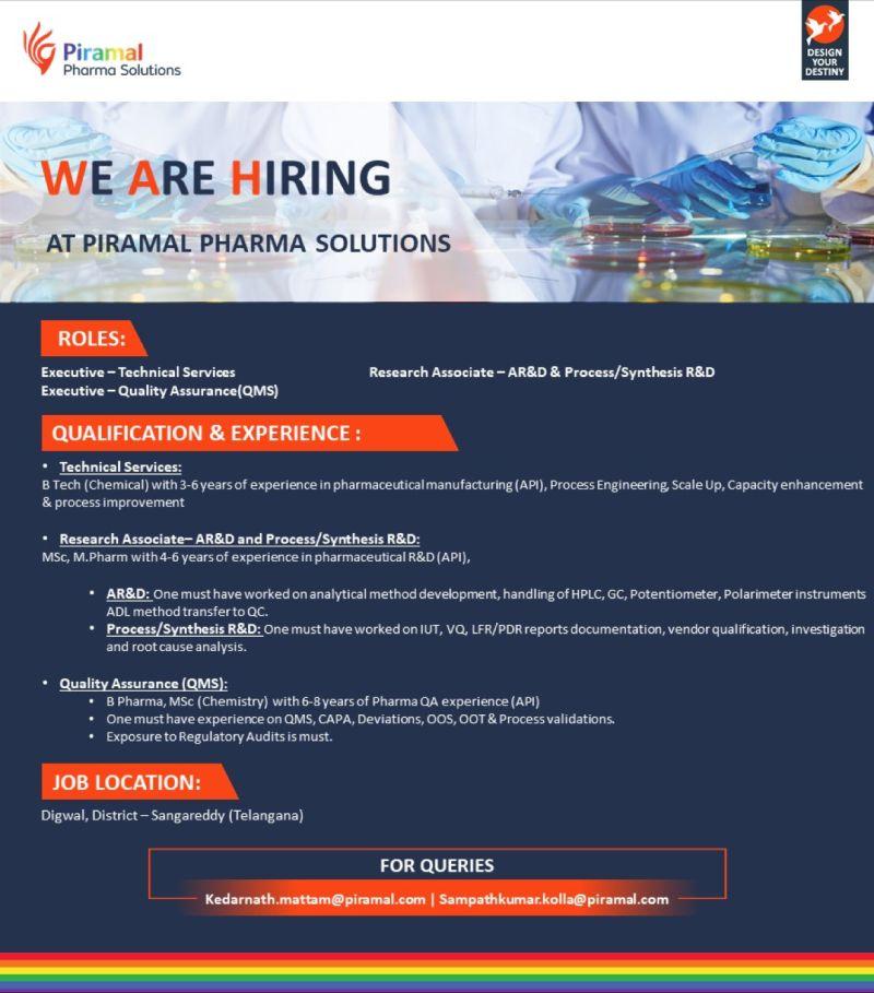 Piramal Pharma Solutions hiring for AR&D & Process/Synthesis R&D ...