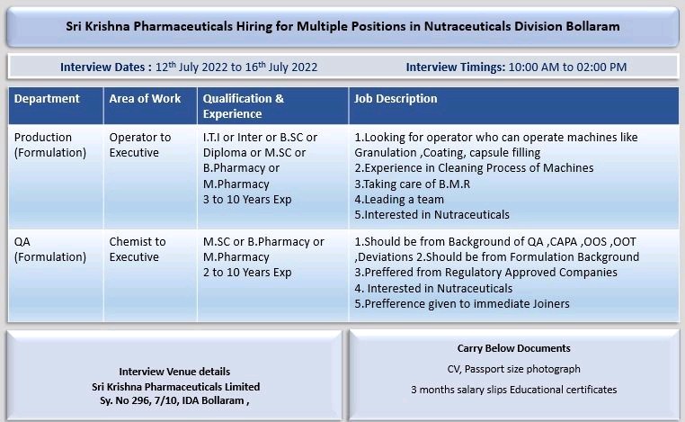 Sri Krishna Pharmaceuticals Walk In Interview For Formulation ...