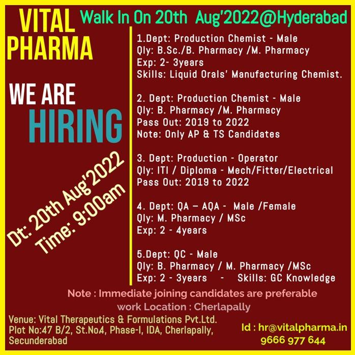 Vital Pharma Walk In Interview For Freshers & Experience In Production ...