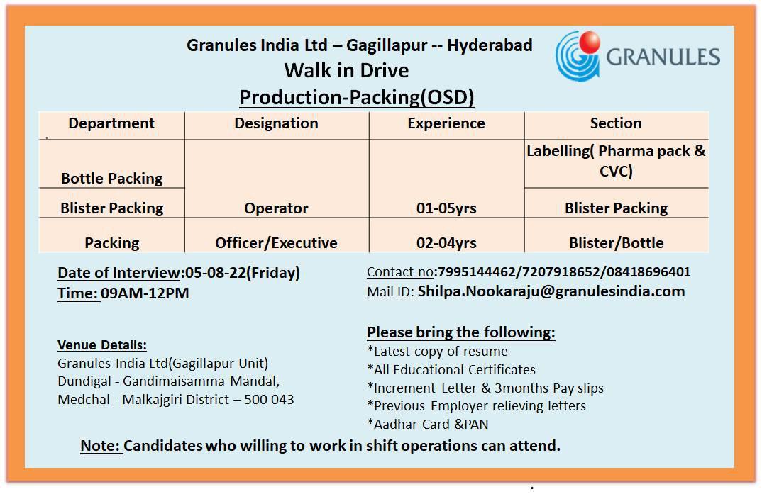 Granules India Ltd Walk In Interview for Production-Packing(OSD ...