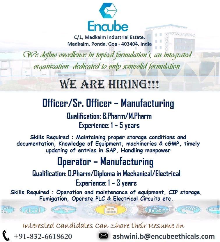Encube Ethicals Pvt. Ltd. looking for Officer/Sr. Officer ...