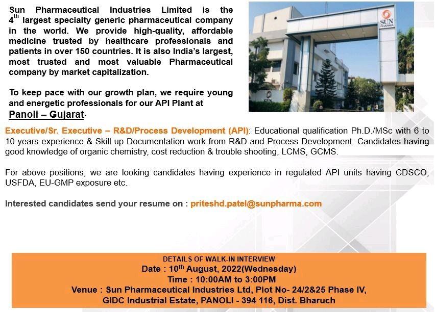 Sun Pharmaceutical Industries Ltd Walk In Interview For Executive/Sr ...