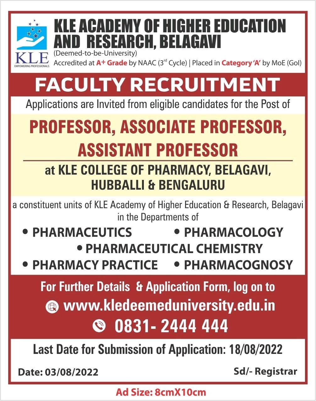 Pharma Faculty Requirement At KLE College Of Pharmacy, Belagavi ...