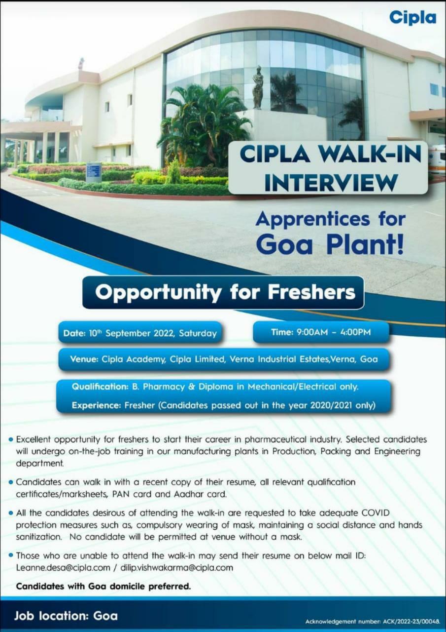 CIPLA, Opportunity For Freshers B.Pharmacy & Diploma In Mechanical ...