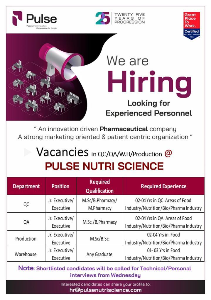 Pulse Nutri Science Vacancies In Qa Qc Production Warehouse Department Pharma Jobs Post