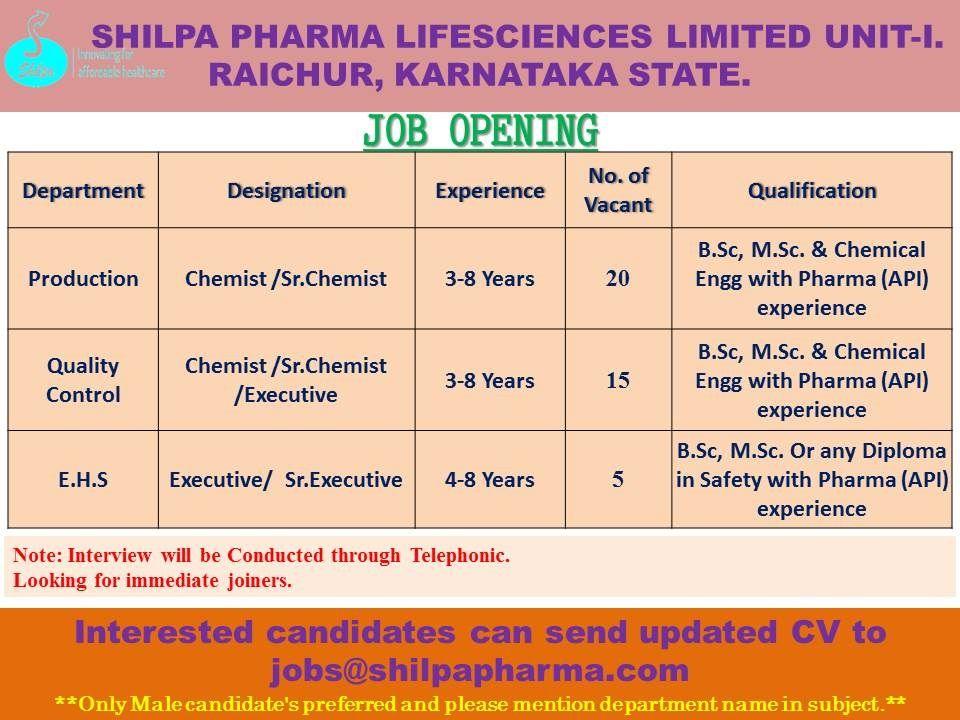 SHILPA PHARMA Job Opening For Production, Quality Control, E.H.S ...