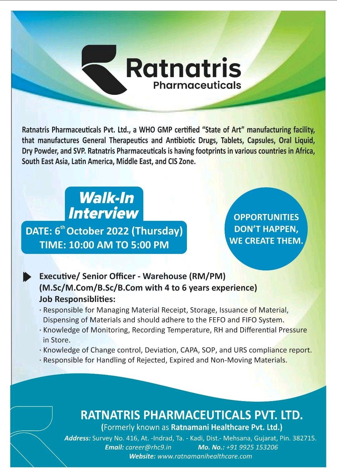 Ratnatris Pharmaceuticals Walk In Interview For Executive Senior ratnatris-pharmaceuticals-walk-in-interview-for-executive-senior