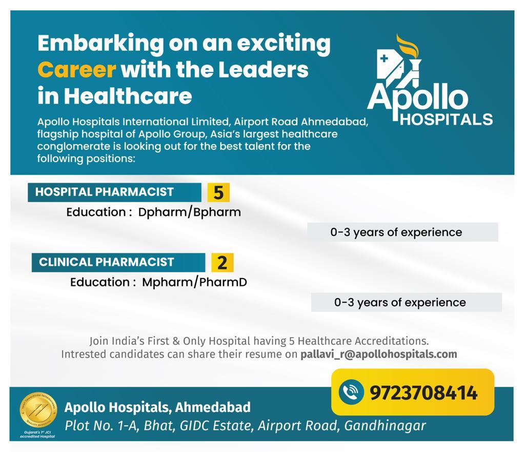 Apollo Hospitals Opening for 03 years of experience Dpharm/Bpharm