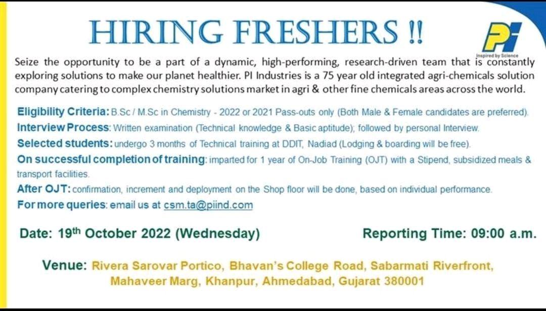PI Industries Ltd Walk In Interview for FRESHERS on 19th October 2022 ...