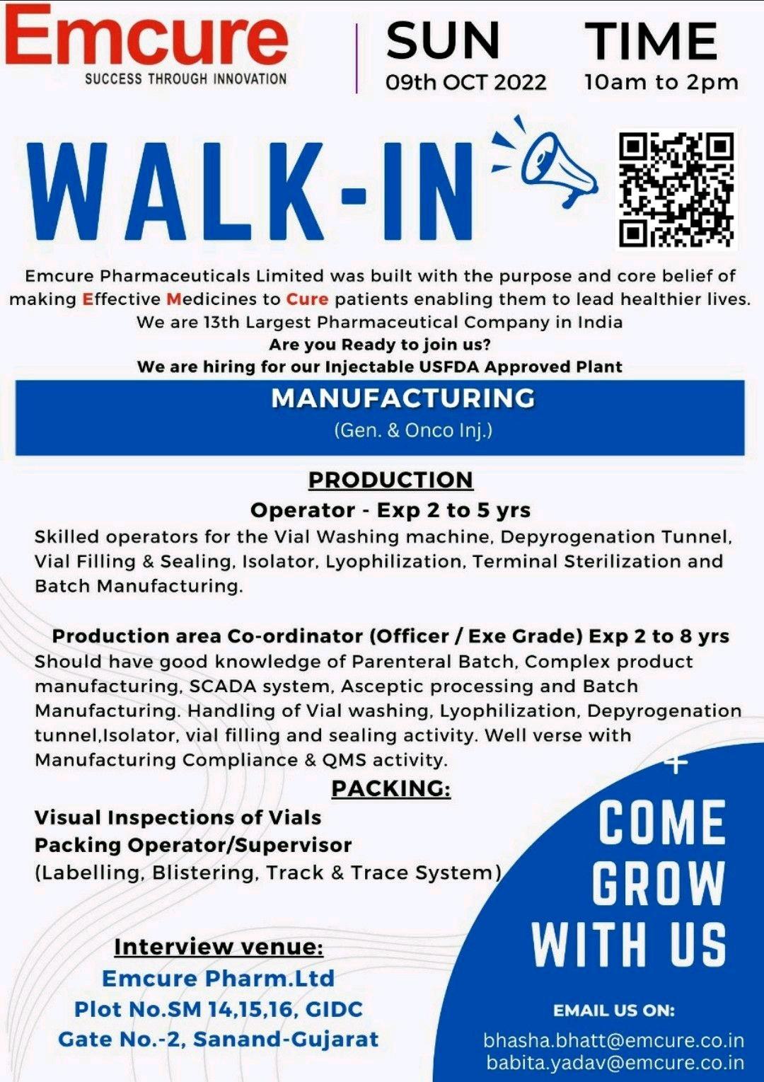 Emcure Pharmaceuticals Limited Walk In Interview for Manufacturing (Gen ...