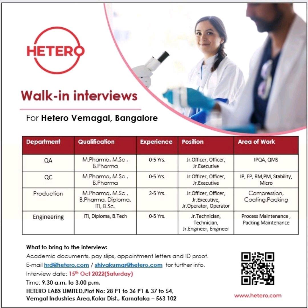 Hetero Walk-in Interviews For QA, QC, Production & Engineering ...