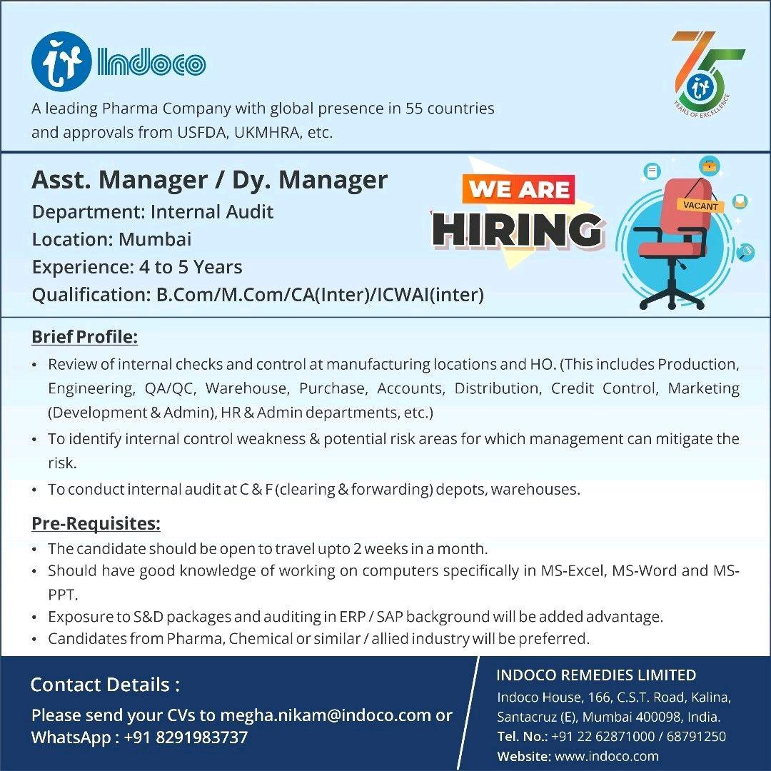 INDOCO REMEDIES hiring Asst. Manager / Dy. Manager- Internal Audit ...