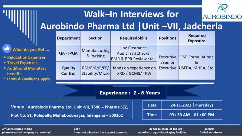 Aurobindo Pharma Ltd Walk In Interviews For QC, IPQA On 24/11/2022 ...