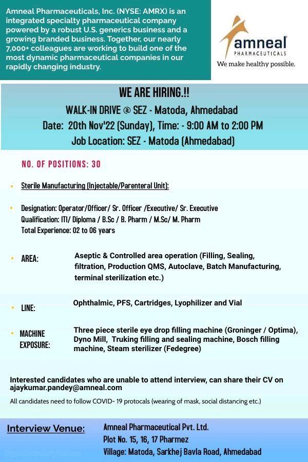 Amneal Pharmaceuticals WALK-IN DRIVE @ SEZ – Matoda, Ahmedabad- Sterile ...