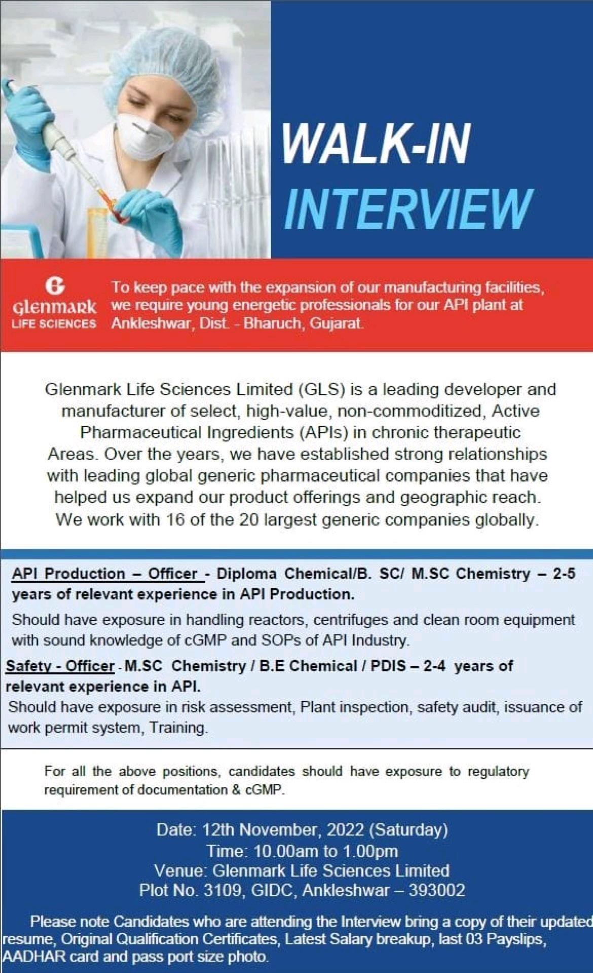 Glenmark Life Sciences Limited Walk In Interview For API Production ...