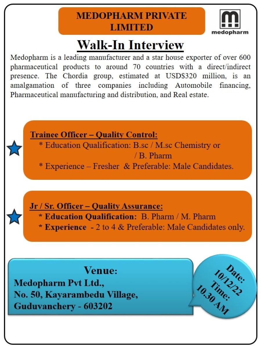 Medopharm Walk In Interview – Trainee Officer – Quality Control, Jr/ Sr ...