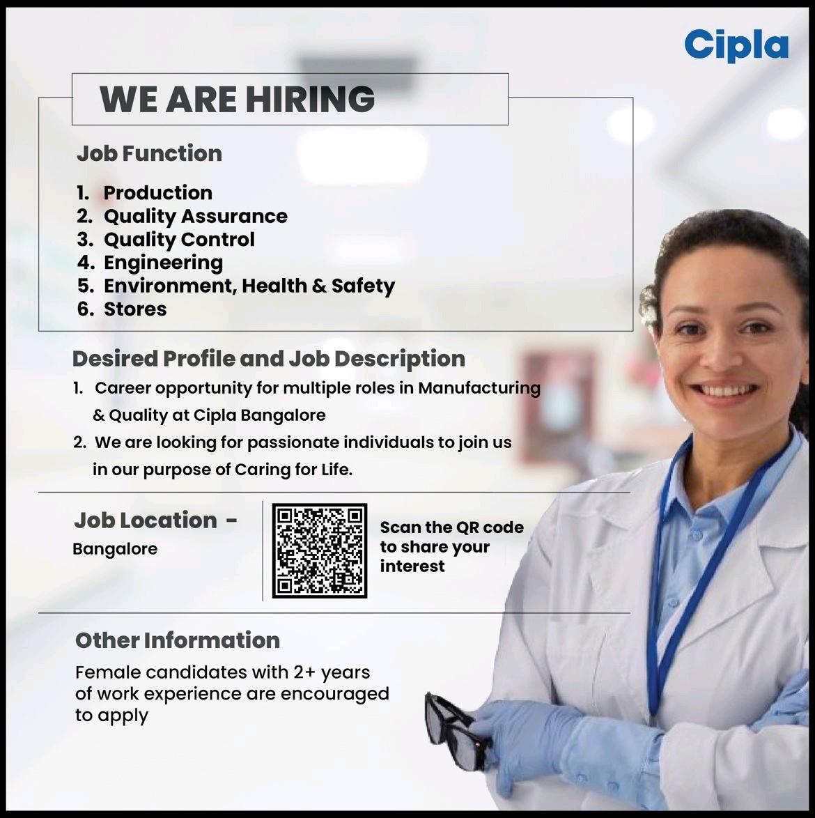 Cipla hiring for Production, QA, QC, Engineering, EHS & Stores- Apply ...