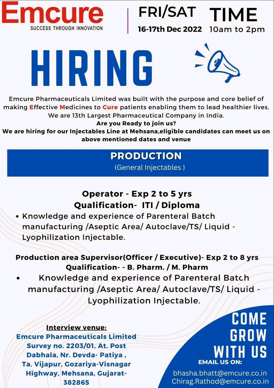 Emcure Pharmaceuticals- Walk In Interview for Operator/ Officer ...