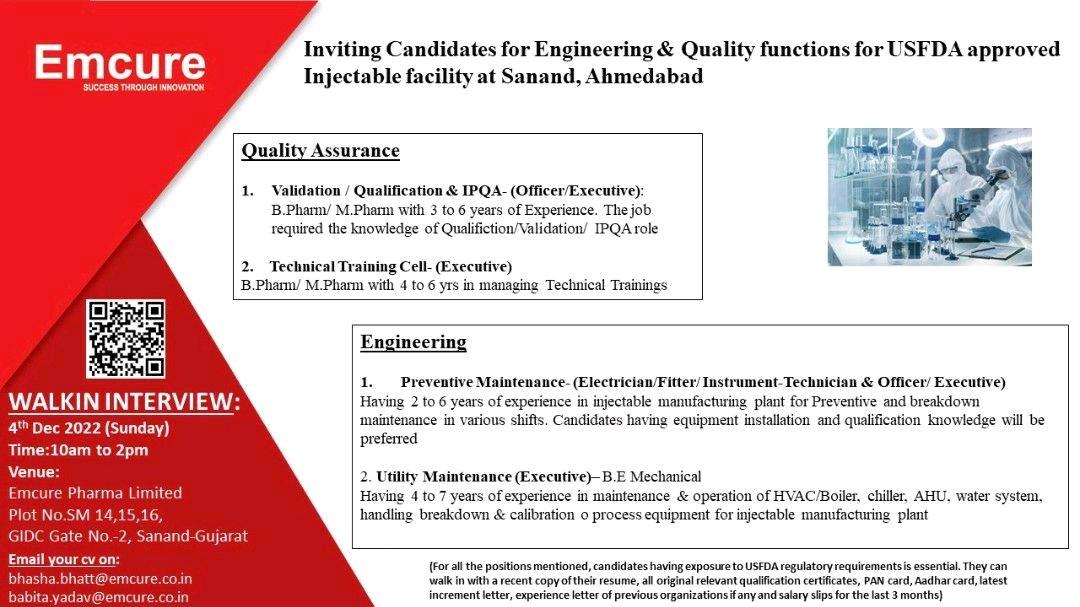 Emcure Pharma Walk In Interview For Engineering/ Quality Assurance On ...