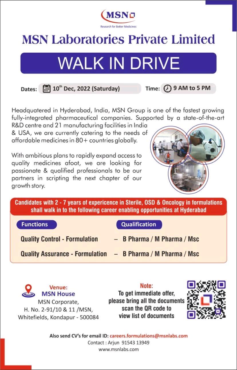 MSN Laboratories Private Limited - Walk In Interview For Quality ...