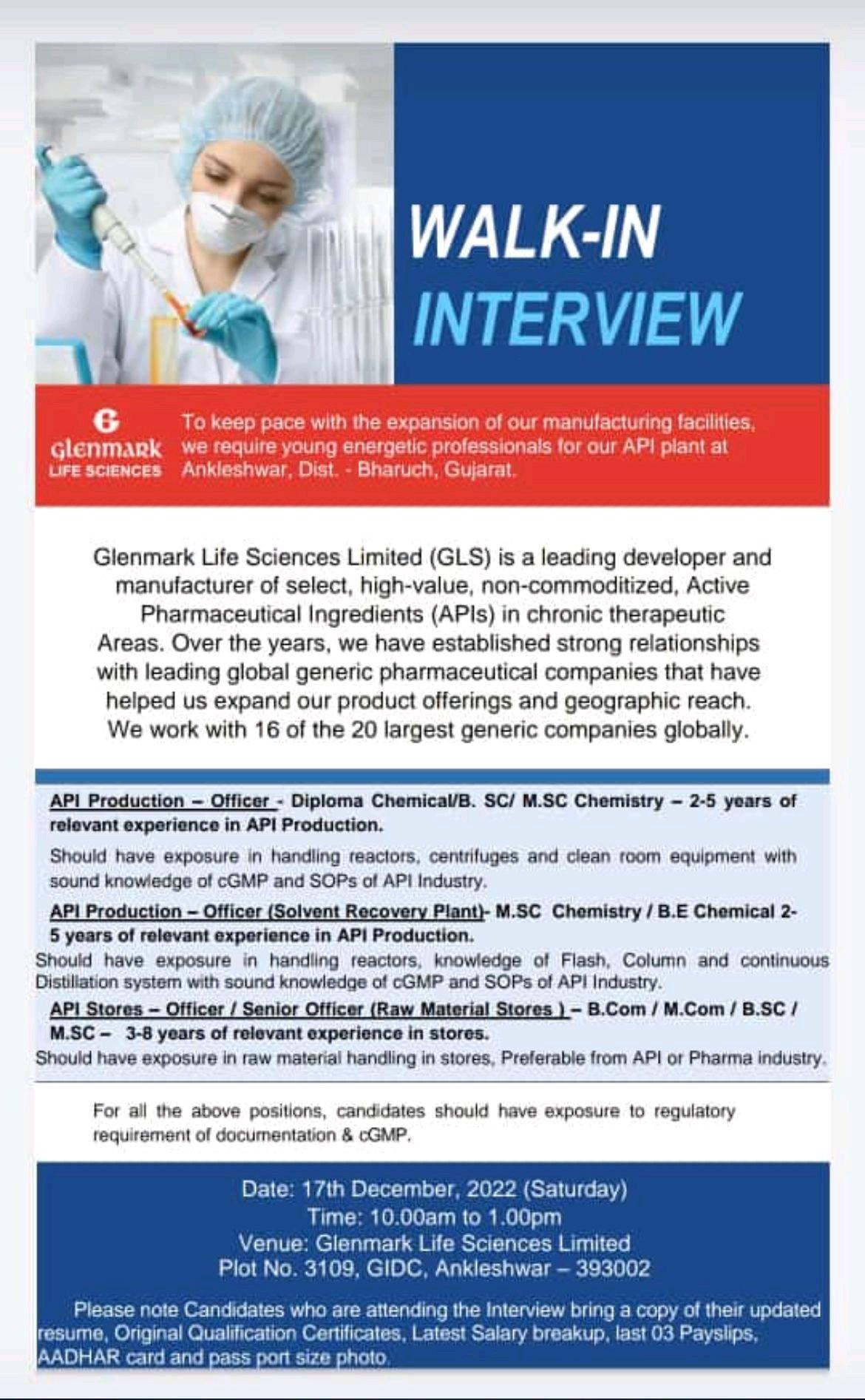 Glenmark Life Sciences- Walk In Interview- API Production/ Stores On ...