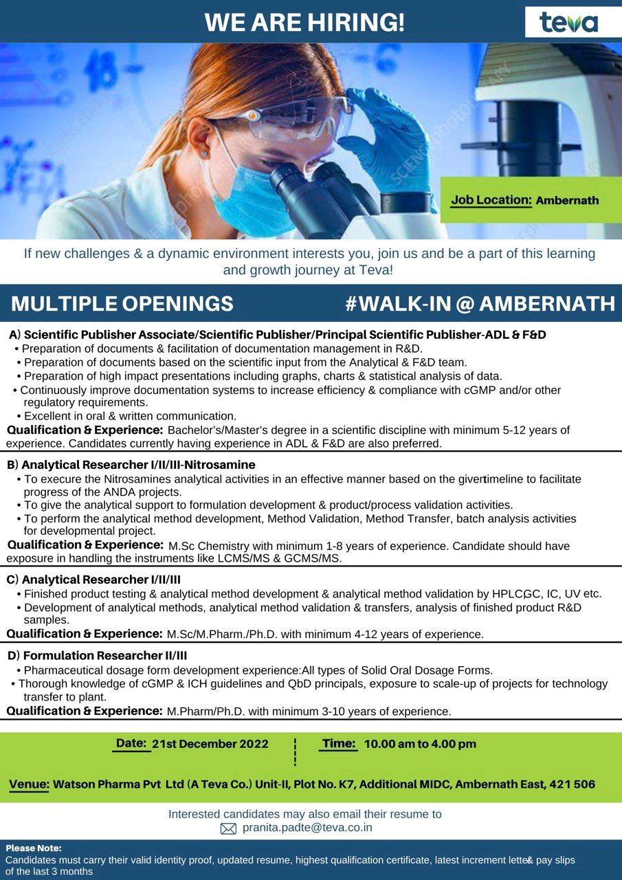 Teva Pharmaceuticals- Walk In Drive At Ambernath For Roles In ...