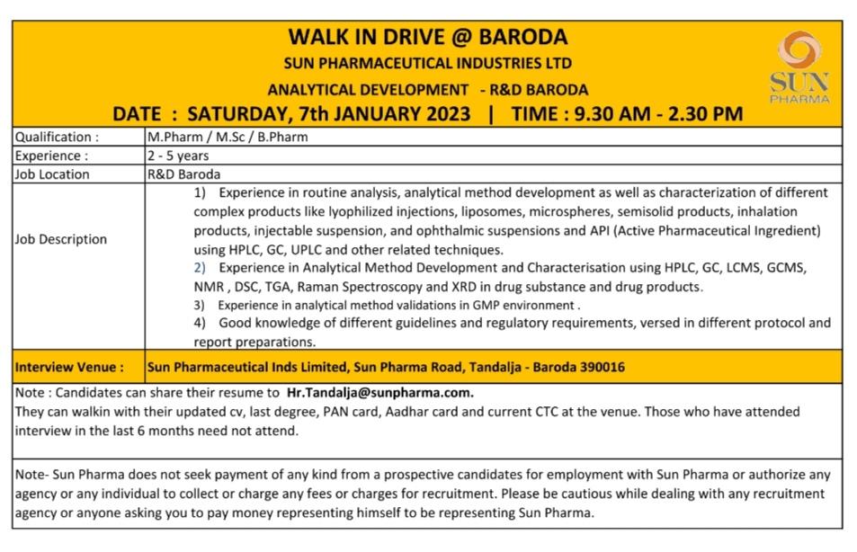 Jobs At Sun Pharma Vadodara