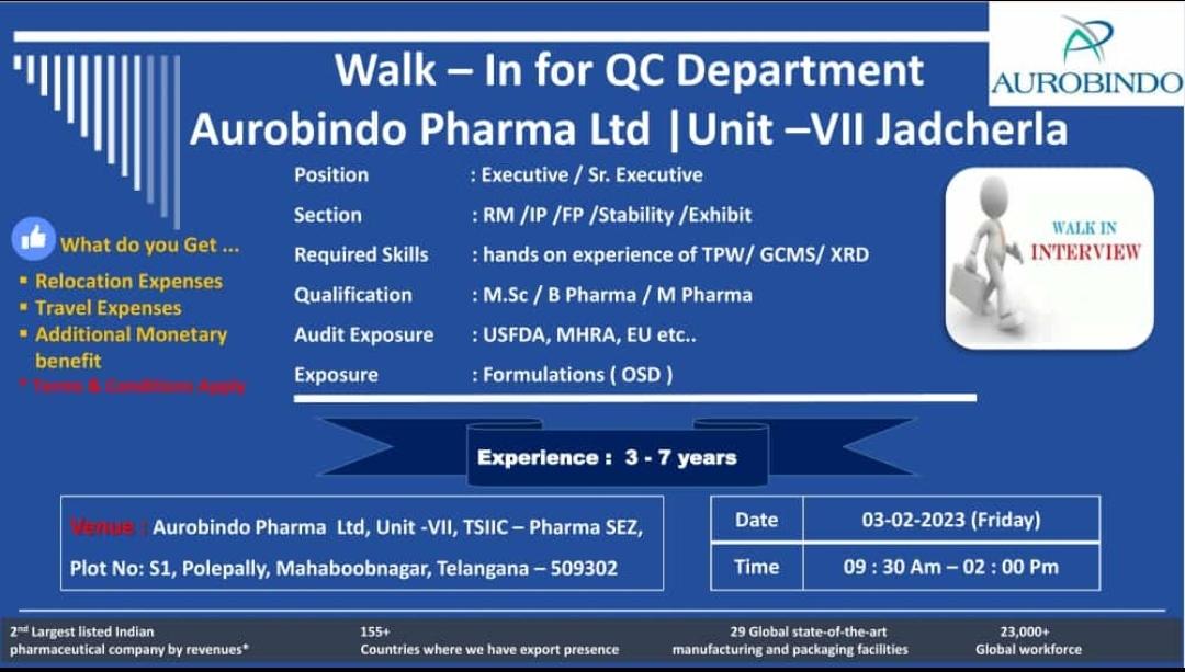 Walk-In For QC Department At Aurobindo Pharma Ltd | Unit -VII Jadcherla ...