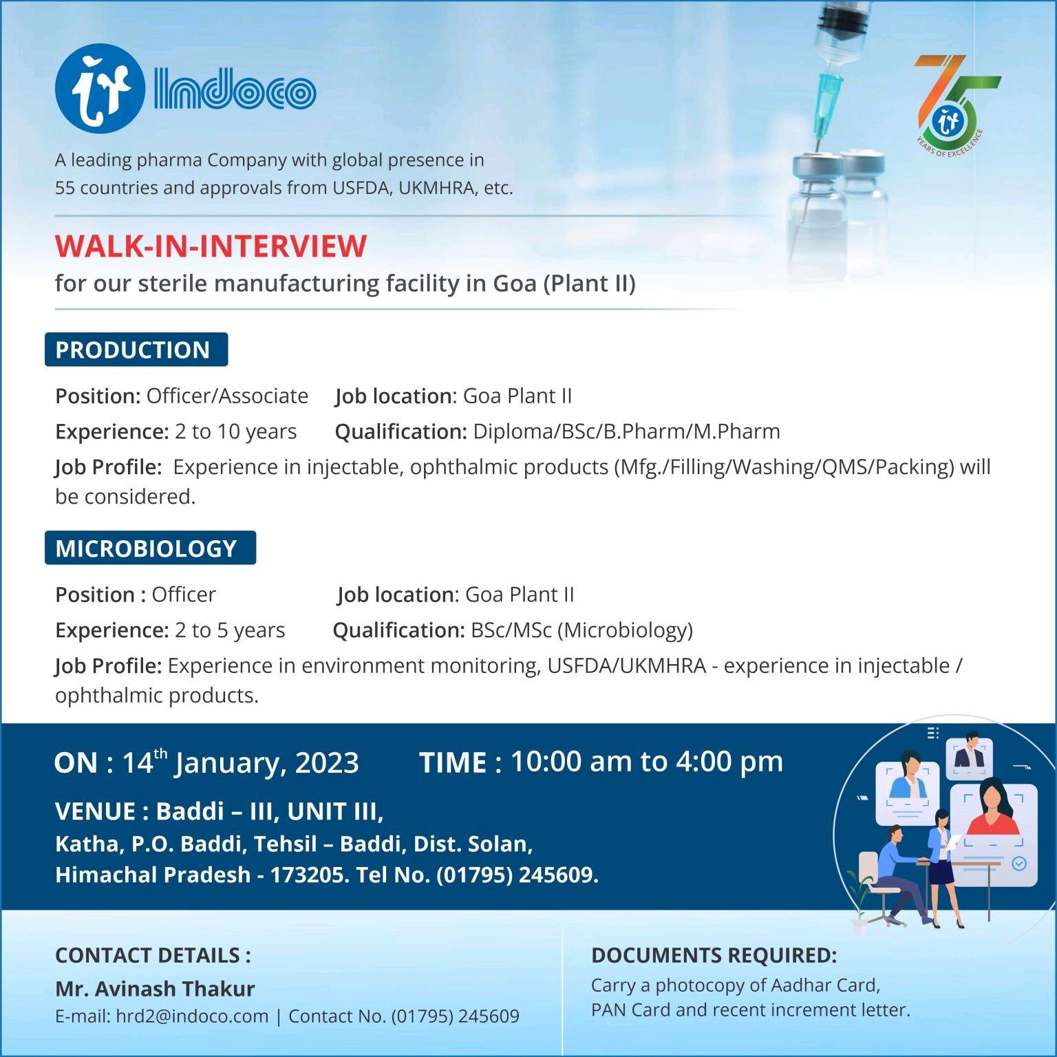 Indoco - Walk In Interview for sterile manufacturing facility in Goa ...