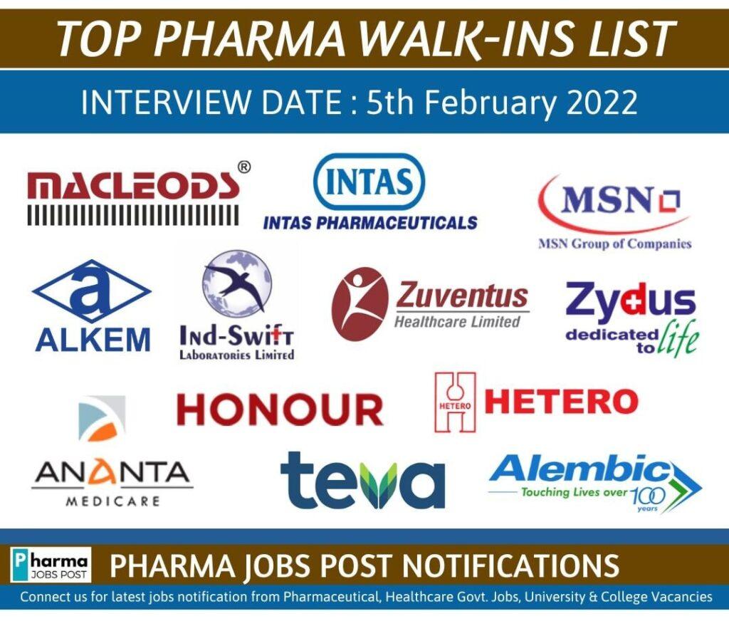 TOP PHARMA WALK-INS INTERVIEW LIST - 5th February 2023 | PHARMA JOBS POST