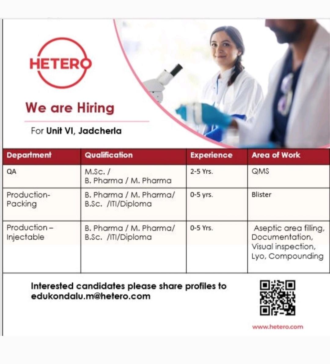 HETERO- Hiring Freshers & Experience B.Pharma / M.Pharma/ B.Sc. / ITI ...