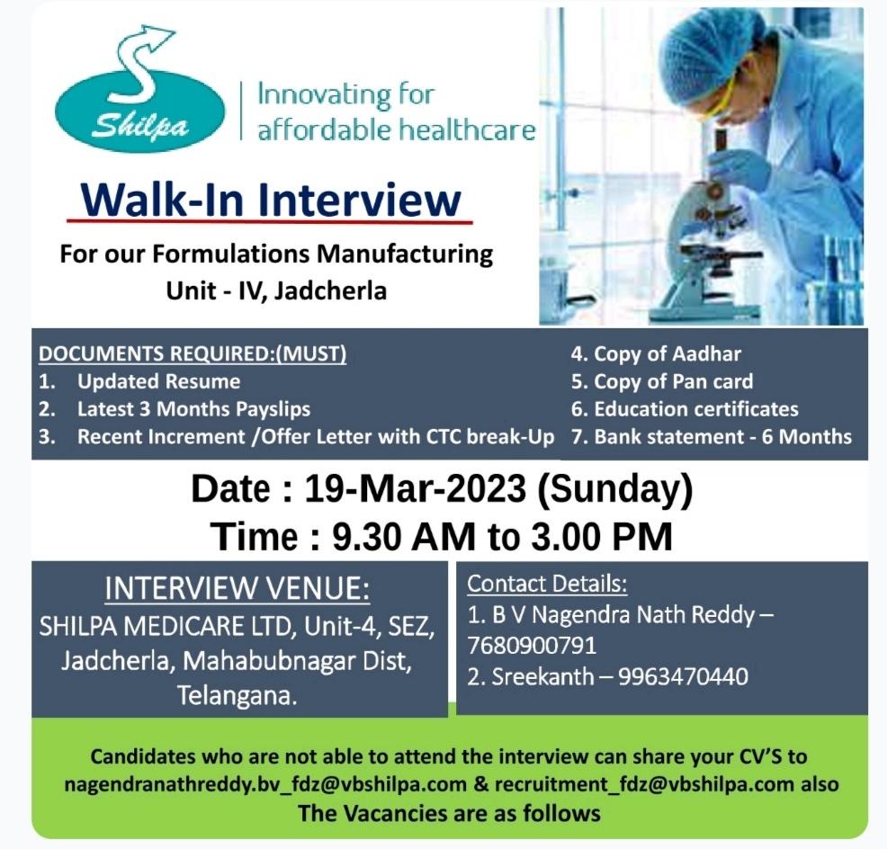 SHILPA MEDICARE LTD - Walk-In Interview Formulations Manufacturing Unit ...