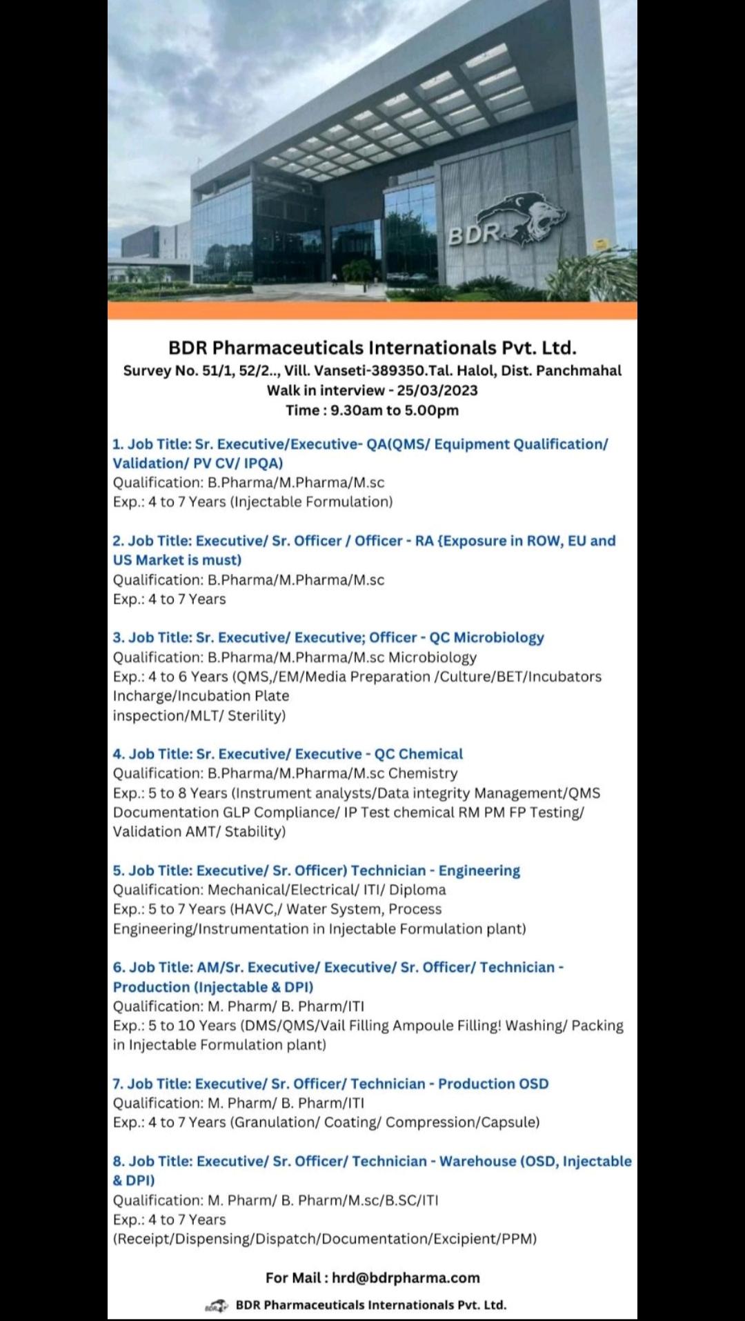 BDR Pharma- Walk In Interview For QA, RA, QC Microbiology, Engineering ...