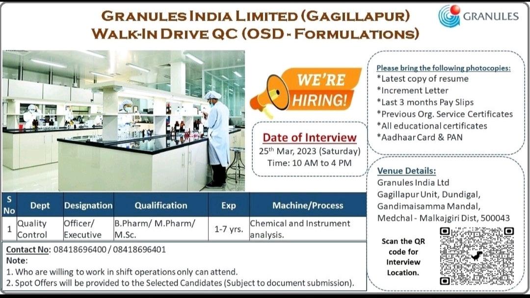 Granules India Ltd - Walk In Interview for Officer/ Executive- Quality ...